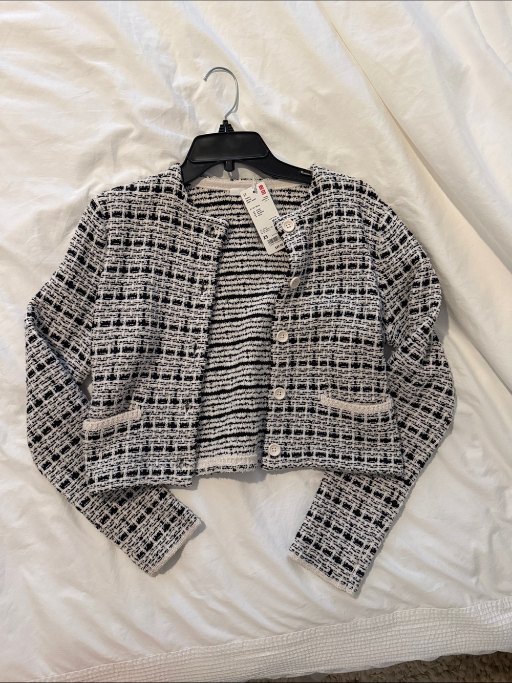 Uniqlo Black and White Tweed Cropped Blazer